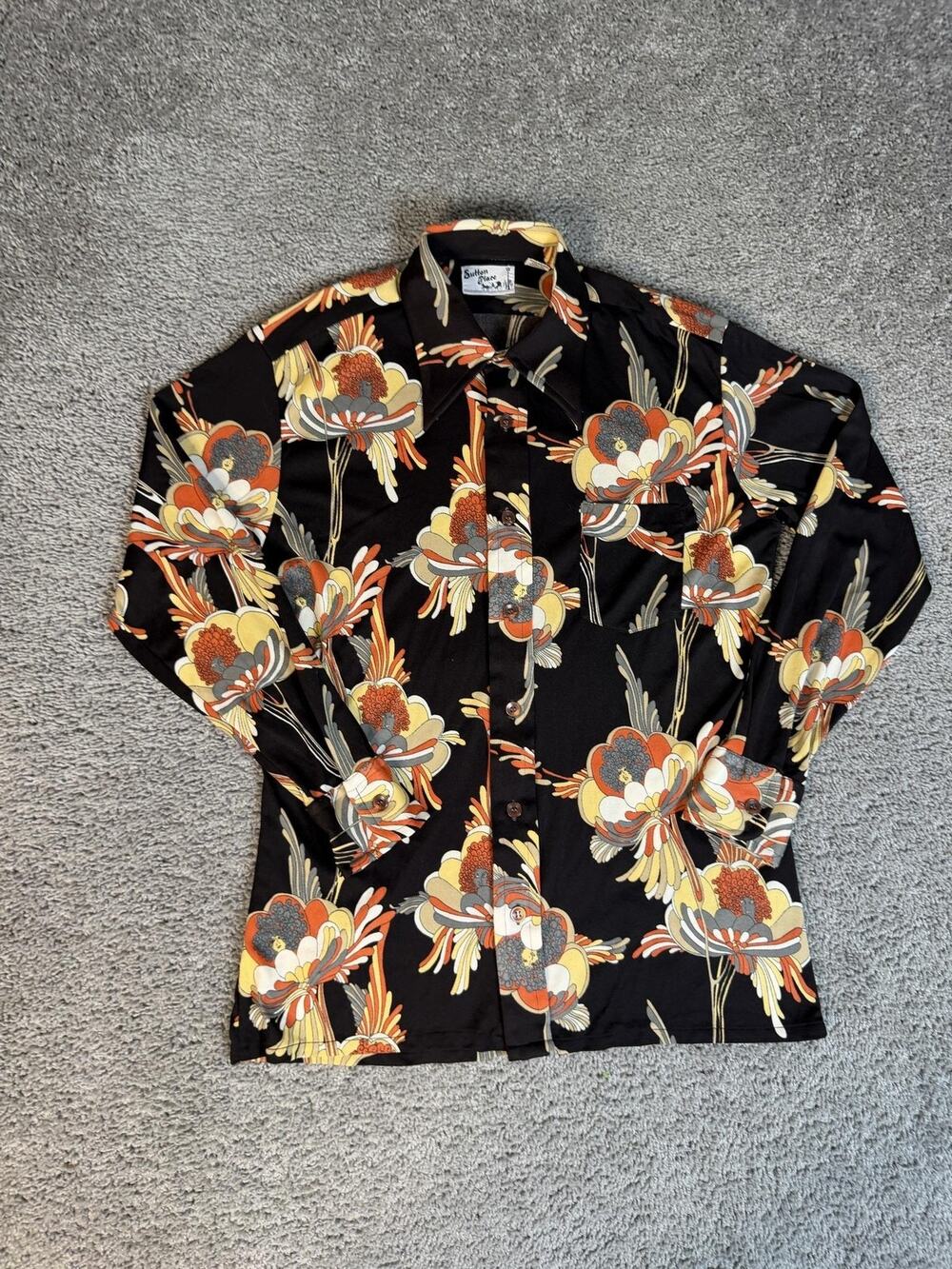 Sutton Place Shirt Mens L Black Disco Goddess Long Sleeve Button Nylon Pockets